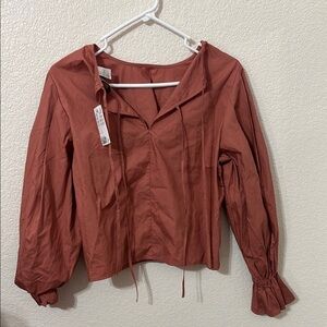H&M Burnt Orange Crop Blouse with Puff Sleeves and Sailor Collar